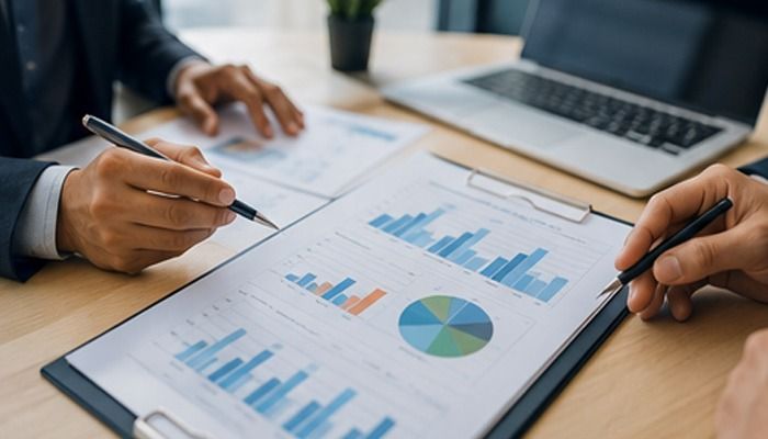 Business consultants using AI-powered analytics to develop strategic recommendations for clients in a modern office.